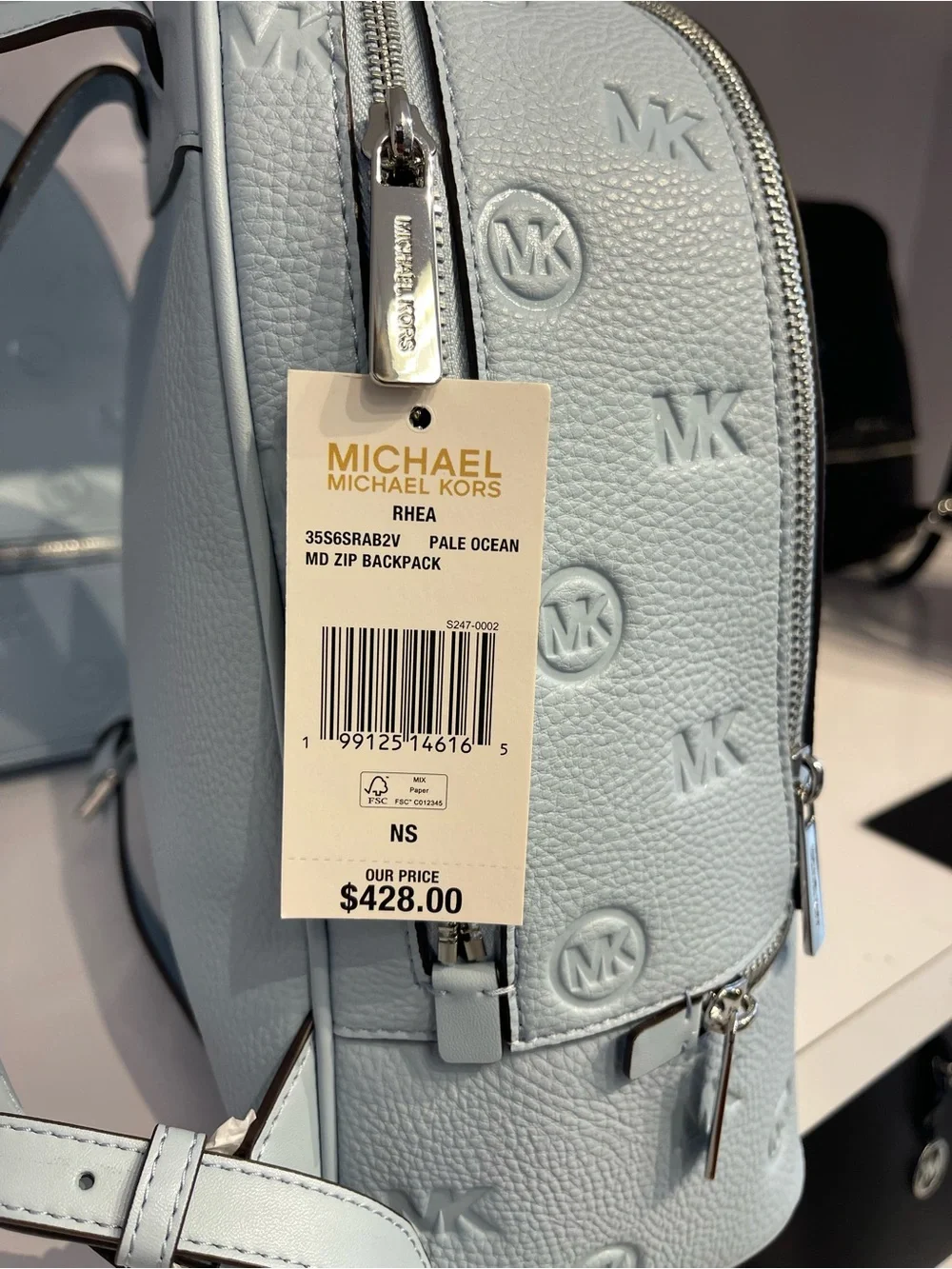 Michael Kors Rhea Medium Zip Logo Debossed Backpack Pale Ocean NWT